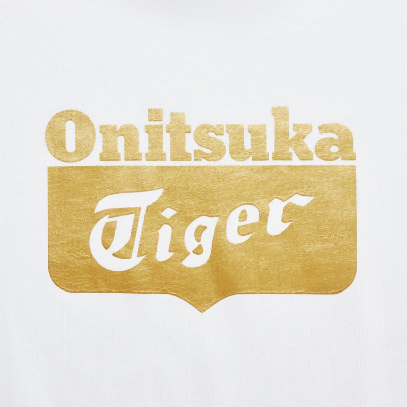 White / Gold Men's Onitsuka Tiger Logo T Shirts Online India | N6O-9689