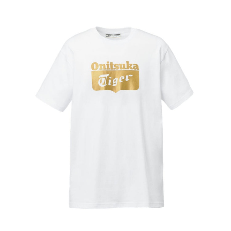 White / Gold Men\'s Onitsuka Tiger Logo T Shirts Online India | N6O-9689