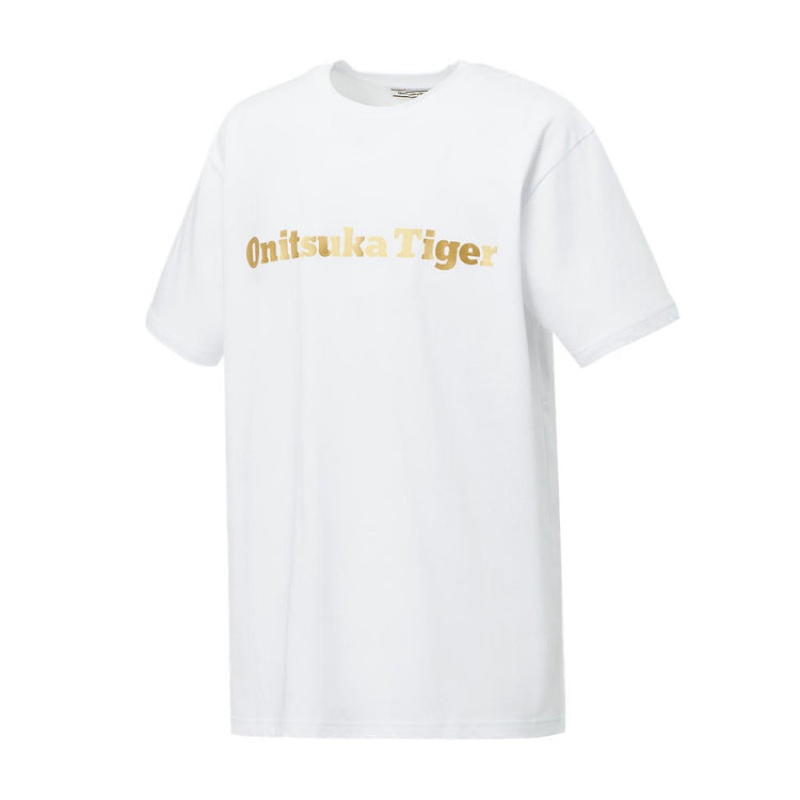 White / Gold Men's Onitsuka Tiger Logo T Shirts Online India | X9R-0349