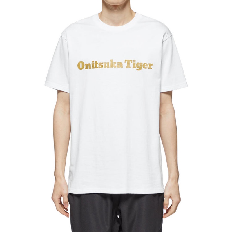 White / Gold Men's Onitsuka Tiger Logo T Shirts Online India | X9R-0349