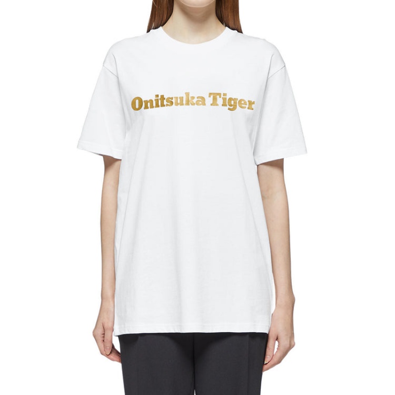 White / Gold Men's Onitsuka Tiger Logo T Shirts Online India | X9R-0349