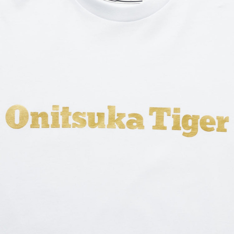 White / Gold Men's Onitsuka Tiger Logo T Shirts Online India | X9R-0349