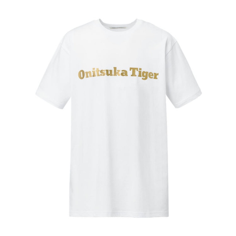 White / Gold Men\'s Onitsuka Tiger Logo T Shirts Online India | X9R-0349