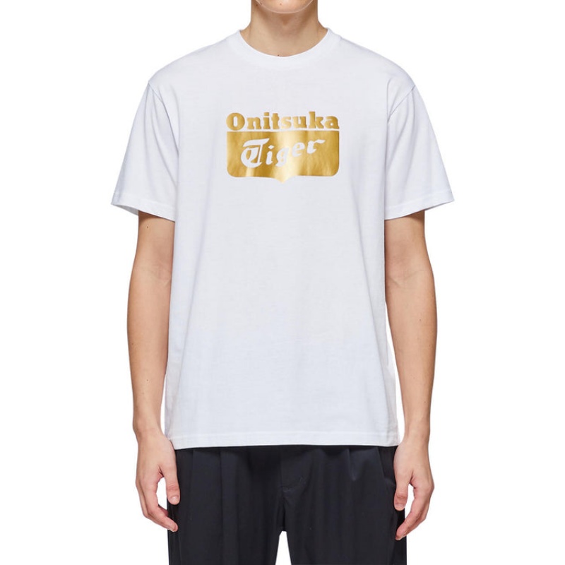 White / Gold Men's Onitsuka Tiger Logo T Shirts Online India | T2B-0094