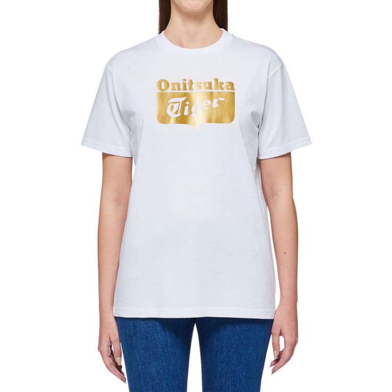 White / Gold Women's Onitsuka Tiger Logo T Shirts Online India | J0R-5231