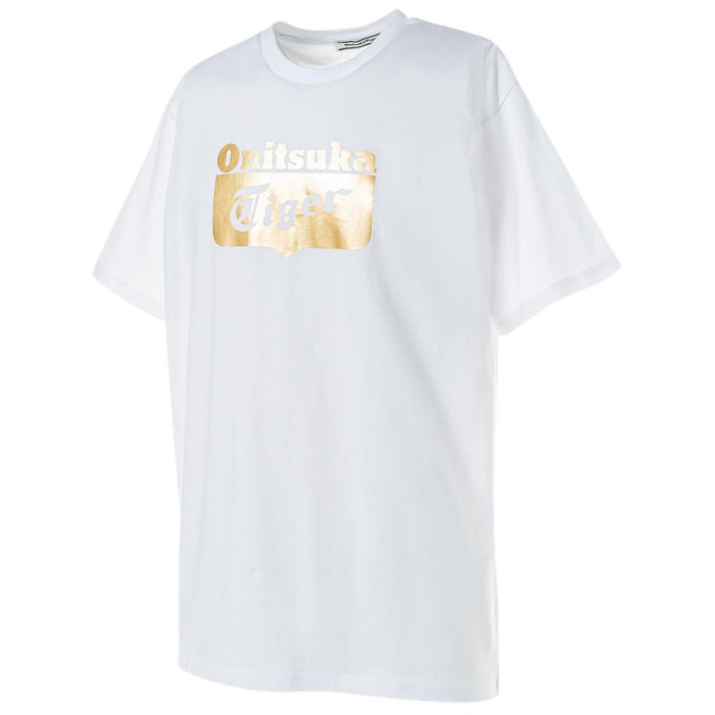 White / Gold Women's Onitsuka Tiger Logo T Shirts Online India | J0R-5231