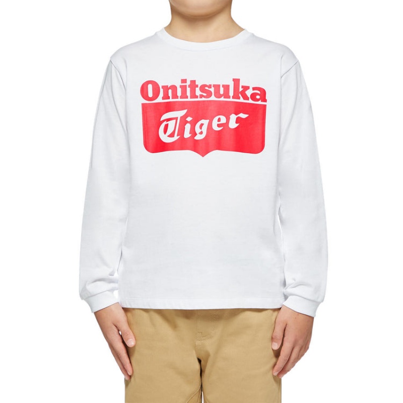 White / Red Kids' Onitsuka Tiger LS Logo T Shirts Online India | Q2K-5135