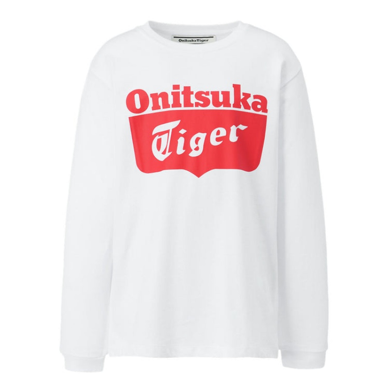 White / Red Kids\' Onitsuka Tiger LS Logo T Shirts Online India | Q2K-5135