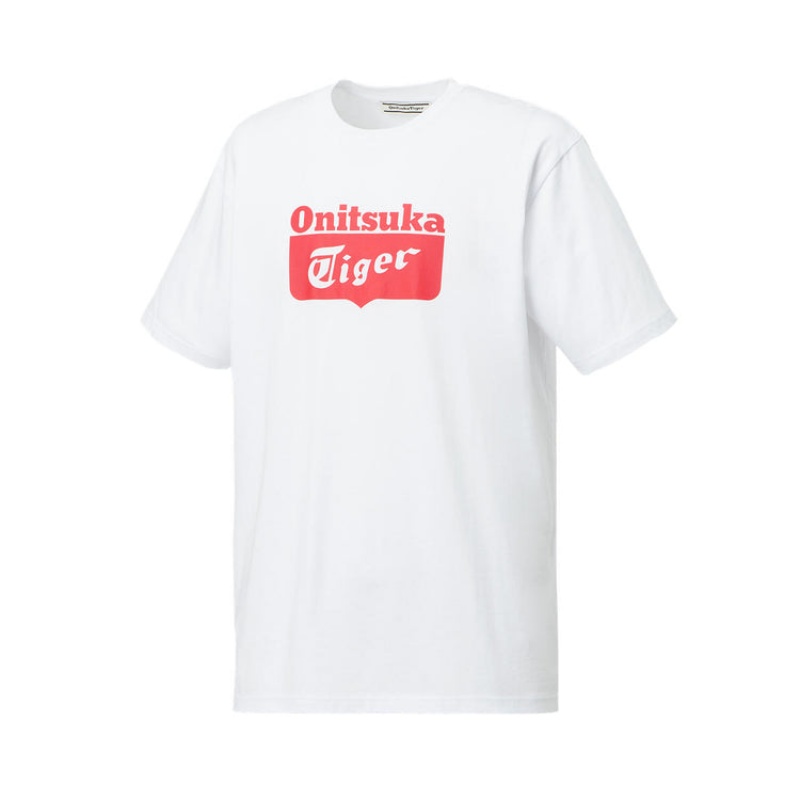 White / Red Women's Onitsuka Tiger Logo T Shirts Online India | A1Z-4186