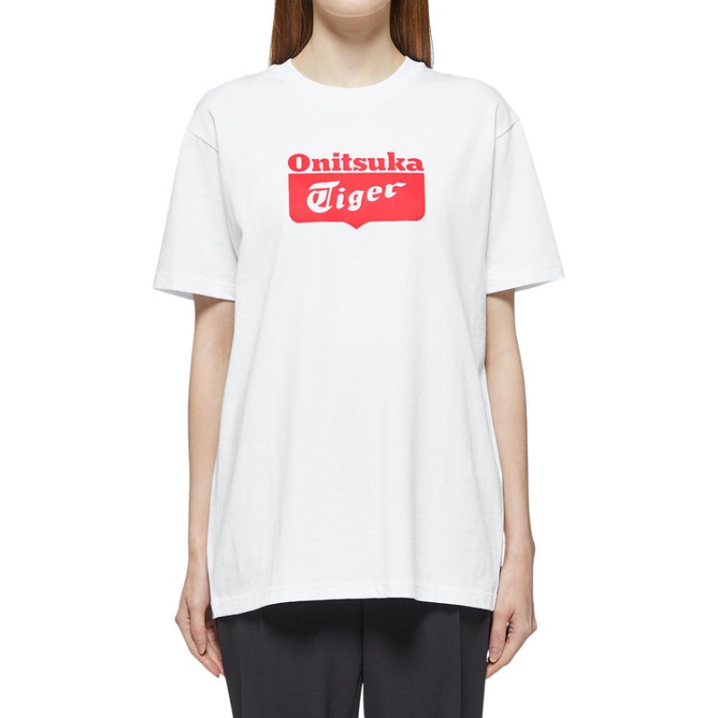 White / Red Women's Onitsuka Tiger Logo T Shirts Online India | A1Z-4186