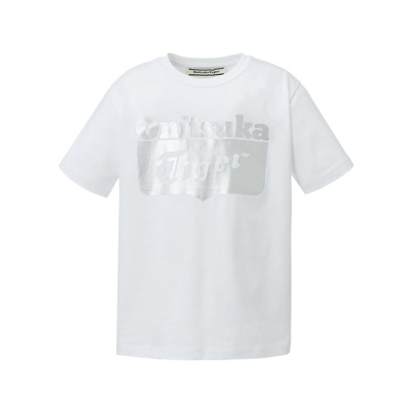 White / Silver Kids\' Onitsuka Tiger Logo T Shirts Online India | O3E-1729