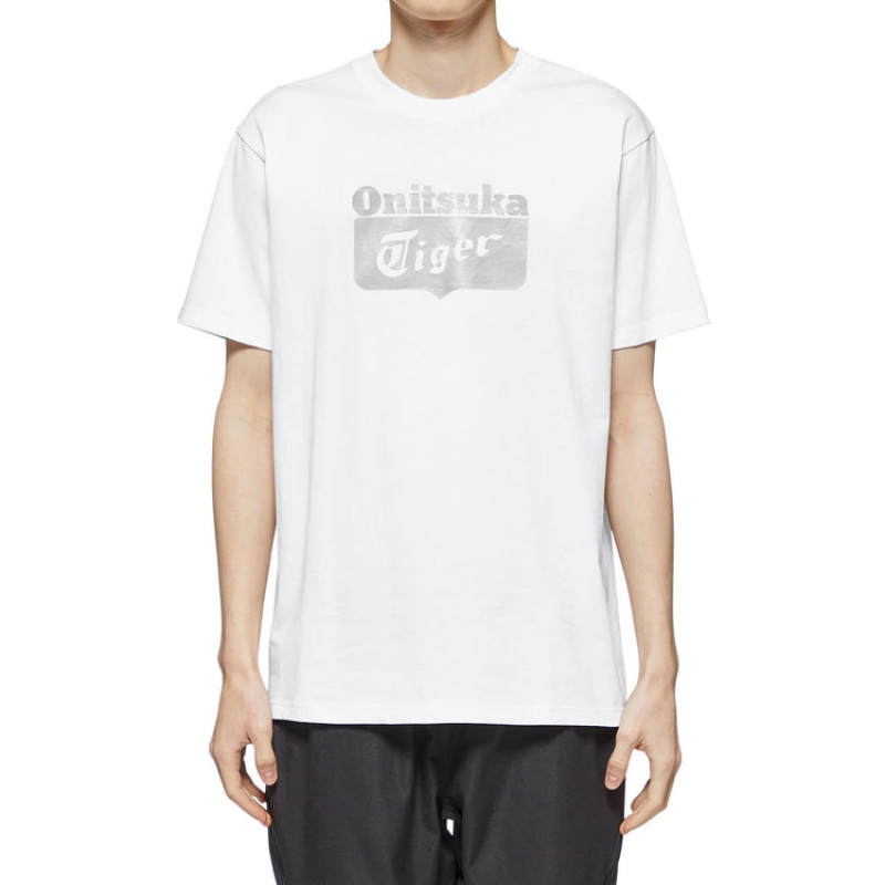 White / Silver Men's Onitsuka Tiger Logo T Shirts Online India | I8A-7761