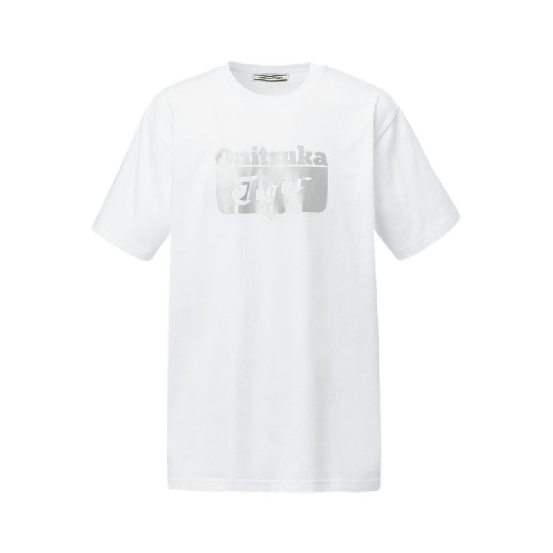 White / Silver Men\'s Onitsuka Tiger Logo T Shirts Online India | I8A-7761