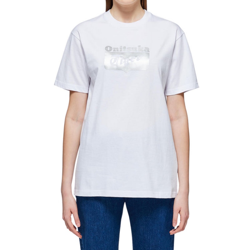 White / Silver Men's Onitsuka Tiger Logo T Shirts Online India | W5R-6970