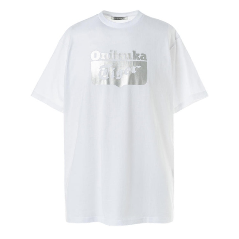 White / Silver Men\'s Onitsuka Tiger Logo T Shirts Online India | W5R-6970