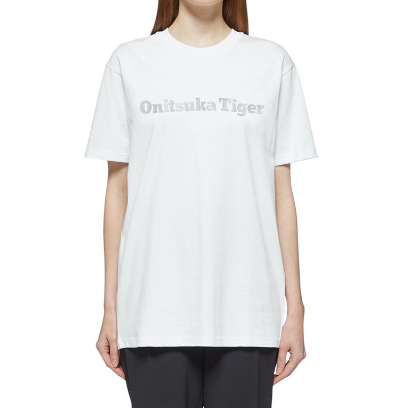 White / Silver Women's Onitsuka Tiger Logo T Shirts Online India | W9V-5866