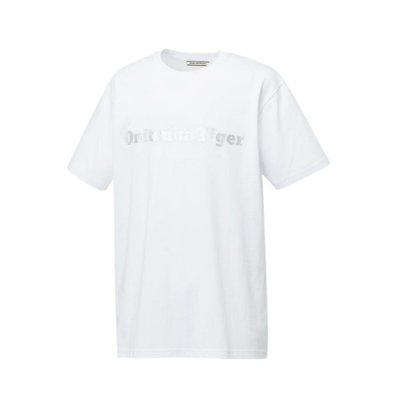 White / Silver Women's Onitsuka Tiger Logo T Shirts Online India | W9V-5866