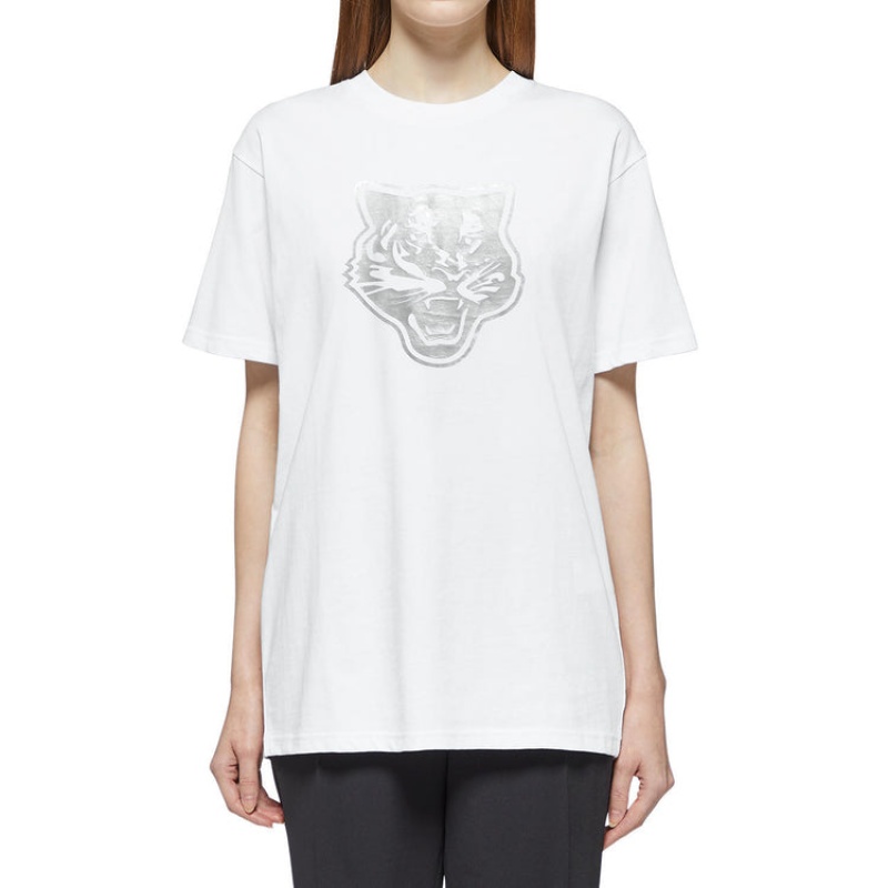 White / Silver Women's Onitsuka Tiger Logo Graphic T T Shirts Online India | C8V-2896