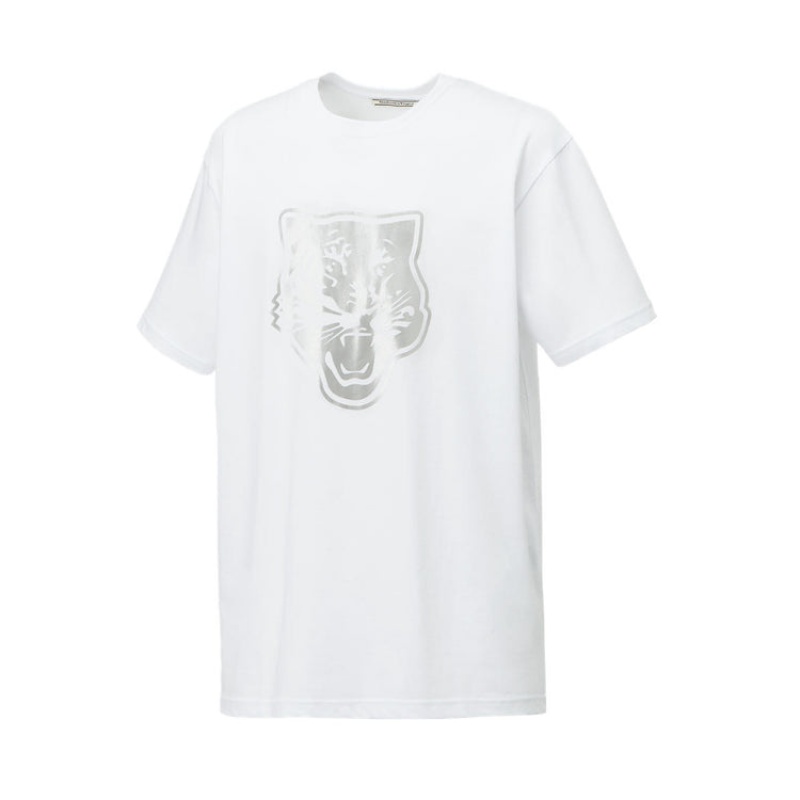 White / Silver Women's Onitsuka Tiger Logo Graphic T T Shirts Online India | C8V-2896