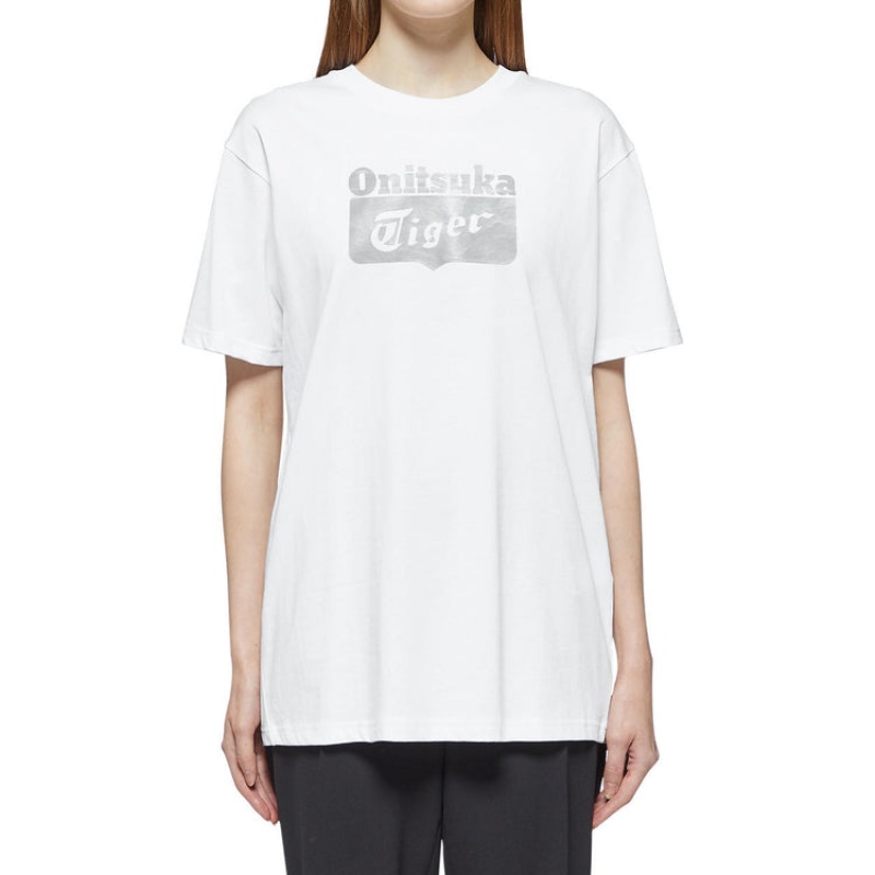 White / Silver Women's Onitsuka Tiger Logo T Shirts Online India | S0Q-9102